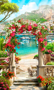 Flower arch with access to the sea coast. Wallpaper on the wall. The fresco.