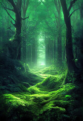 Obraz premium Path to another dimension. In a dense green forest. The leaves on the trees are green. The whole earth is covered with green grass. 3D illustration.