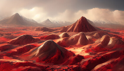 Landscape on the planet Mars, surface is a picturesque desert on red planet. Background of space game, cover, poster with red earth, mountains, stars, 3d artwork