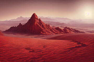 Fototapeta na wymiar Landscape on the planet Mars, surface is a picturesque desert on red planet. Background of space game, cover, poster with red earth, mountains, stars, 3d artwork