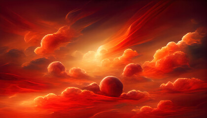 Fiery orange dramatic cloudy sunset sky. Colorful colors of dawn. Incredible beauty. A beautiful and colorful abstract nature background. Illustration 3d