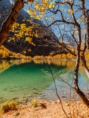 Mountain lake with transparent water, sun light and autumnal trees.