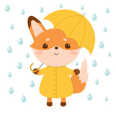 A cute little fox in a yellow raincoat hides from the rain under an umbrella.