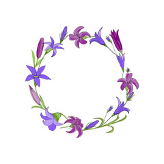 Wreath with blue and red lilies. Hand-drawn vector illustration for greeting and invitation card, postcards.
