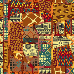Seamless geometric of different shapes pattern. Abstract Patchwork african navy  background of different shapes. illustration. Exotic ornament of different textures is drawn by hand.