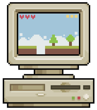 Pixel art old computer with retro 8 bit platform game vector icon for 8bit game on white background