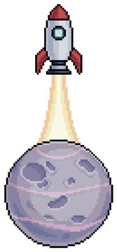 Pixel Art Rocket Taking Off From Planet Vector Icon For 8bit Game On White Background