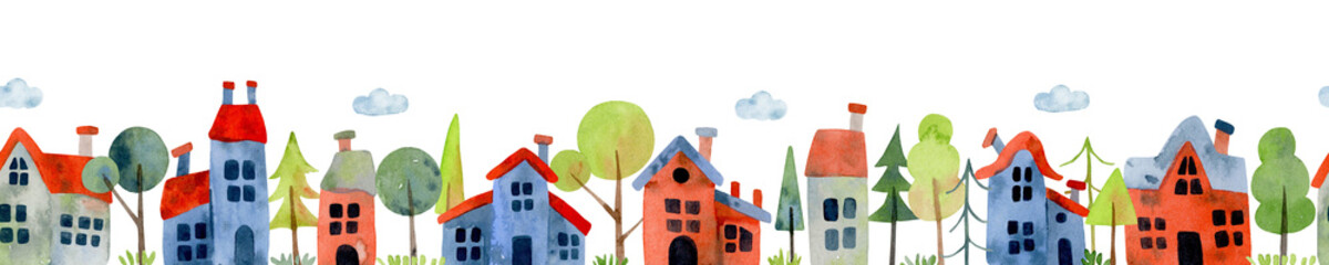 Colored houses and green trees, hand-painted in watercolor on a white background.Seamless pattern of flat trees and colored houses.