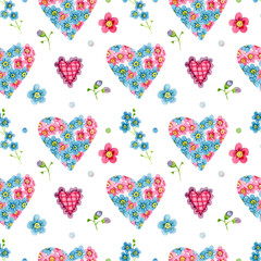 Obraz na płótnie Canvas Watercolor seamless pattern with hearts of flowers and forget-me-nots. Ornament of hearts and blue-blue flowers, myosotis