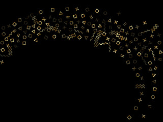 Memphis style geometric confetti vector background of triangle circle square shapes, chevron wavy lines.