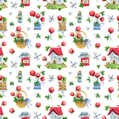 Seamless watercolor pattern with a house with a red tiled roof, clover, four-leaf clover, flowers, a basket of flowers, a jar of jam, a dragonfly, a cake.Watercolor pattern of the garden and summer