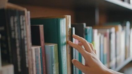 Close-up of hand female pulling book from bookshelf in public library in university, college or high school. - Powered by Adobe