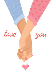 Vector romantic illustration with female and male hands for a postcard, textiles, decor, poster, banner, internet, social networks. Greeting card for Valentine's Day and other holidays. Hold hands.