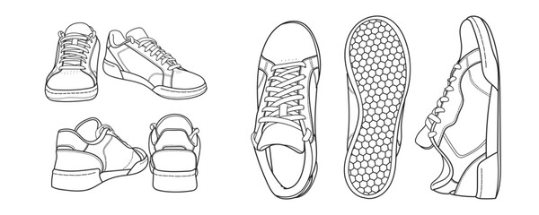 Set of hand drawn sneakers, gym shoes, top view. Image in different views - front, back, top, side, sole and 3d view. Doodle vector illustration. 