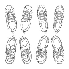 Set of vector hand drawing illustration with adventures shoes, trekking sneakers, gym shoes, top view. Doodle illustration