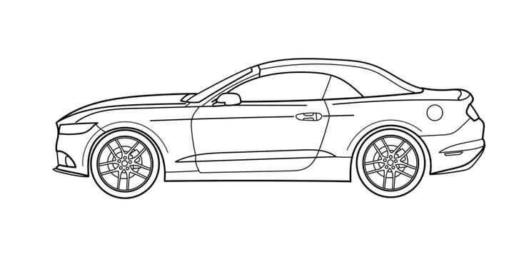 Outline drawing of a coupe convartable sport car from side view. Vector doodle illustration