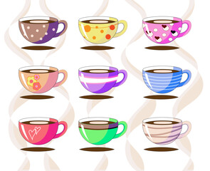 Cups of coffee assortment set. Easy to edit realistic vector collection. Side view. Different ornaments and color . Cartoon style. Isolated on a white background. Menu design cafe, restaurant.