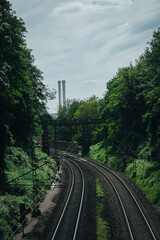 Railroad with green trees of the both sides