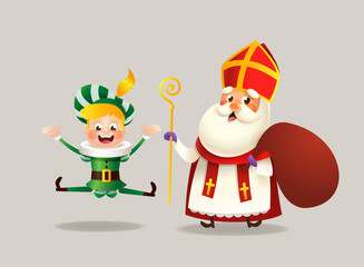 Cute kid with green costume and Saint Nicholas or Sinterklaas - celebration Saint Nicholas day - vector illustration
