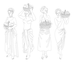 Collection. Silhouettes of a girl in a headscarf. The lady holds in her hands a basket with bananas and apples, grapes, oranges Woman in a modern one line style, contour. Vector illustration, set.