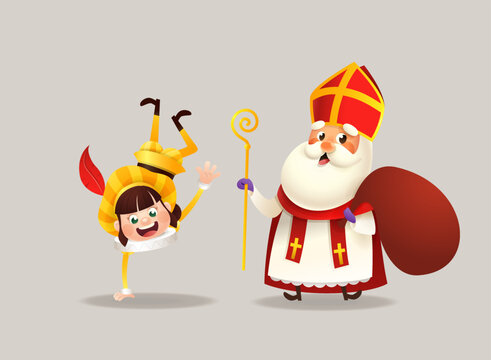 Cute girl and Saint Nicholas or Sinterklaas - celebration Saint Nicholas day - vector illustration