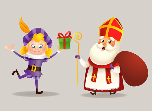 Cute girl with purple costume and Saint Nicholas or Sinterklaas - celebration Saint Nicholas day - vector illustration