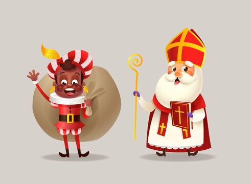 Cute kid with red costume and gift bag and Saint Nicholas or Sinterklaas - celebration Saint Nicholas day - vector illustration