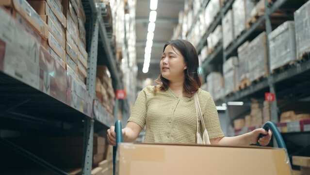Asian woman shopping on shelves at large warehouse retail store. Rack of furniture and home accessories store. Interior of cargo in eCommerce and logistic concept.