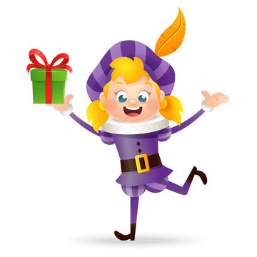 Cute girl in purple costume with gift - Sinterklaas friend - vector illustration isolated