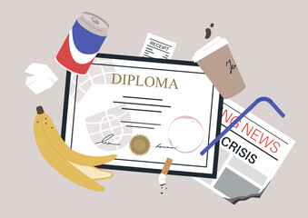 A top view of a diploma thrown out in a garbage bin together with a cigarette butt, banana peel, a paper cup of coffee, a metal can, a plastic straw and other trash
