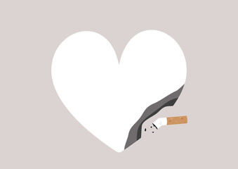 A cigarette butt burning a paper heart, nicotine addiction and health risks - obrazy, fototapety, plakaty