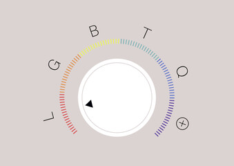 a round amplifier knob with a rainbow spectrum and LGBTQ+ symbols indicating different gender identities