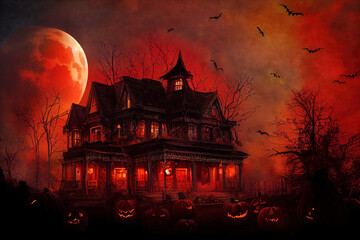 Halloween haunted house and full red moon background . High quality 2d illustration - obrazy, fototapety, plakaty