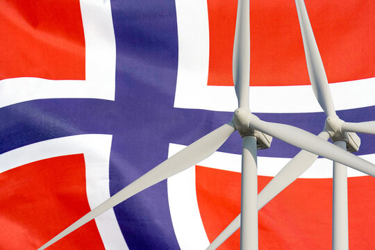 Two Wind Turbines for alternative energy on Norway flag background. Energy development and energy crisis. Eco power and Wind stations for renewable electric energy production in Norway