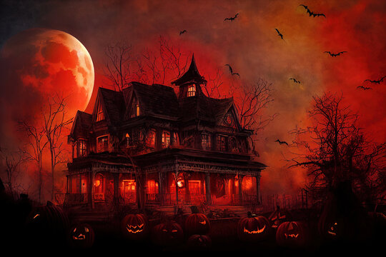 Halloween haunted house and full red moon background . High quality 2d illustration