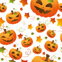 Autumn pattern with multicolor leaves and Halloween pumpkins