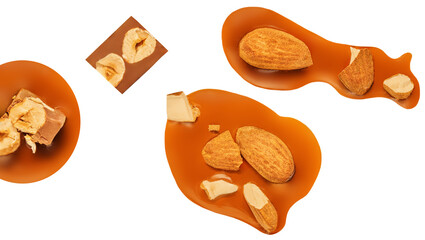 Caramel  with  almond nuts and caramel sauce isolated on a white background close up. Top view. flat lay