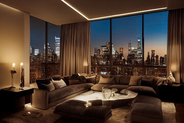 Concept art illustration of luxury apartment living room interior in New York city - obrazy, fototapety, plakaty