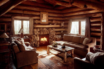 Concept art illustration of chalet log cabin home living room interior design - obrazy, fototapety, plakaty