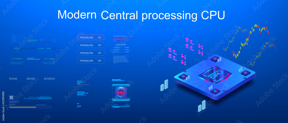 Poster cpu. presentation of a new generation processor on futuristic background with hud elements. modern d