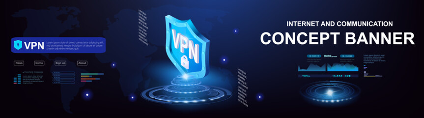 VPN smart security concept banner. Internet and communications. Futuristic shield with a hologram and VPN inscription. Protection and security of digital data. VPN logo. Secure virtual network
