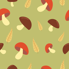 Mushrooms and yellow leaves in cartoon style. autumn mood. Seamless pattern.
