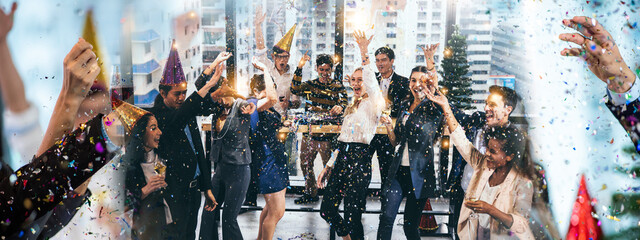Banner of celebrate and victory to business success with colleagues, celebration party event with co-worker partner marketing team, winner successful with startup teamwork having smile happy together - obrazy, fototapety, plakaty