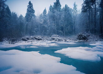 Beautiful calm snow covered forest and lake, winter landscape, 3d render, 3d illustration