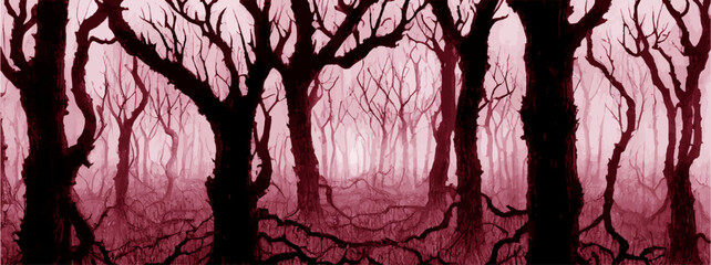 Obraz premium Foggy forest. Dark tree silhouette. Tree trunks in mist. Fog in night forest vector illustration.