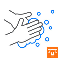 Hand wash line icon, outline style icon for web site or mobile app, hygiene and antibacterial, hands with soap vector icon, simple vector illustration, vector graphics with editable strokes.
