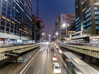 Sao Paulo, Brazil September 01, 2022. Traffic of vehicles in Paulista Aveue at night in Sao Paulo city, Brazil