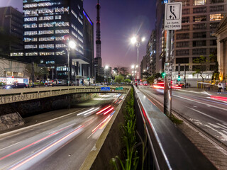 Sao Paulo, Brazil September 01, 2022. Traffic of vehicles in Paulista Aveue at night in Sao Paulo city, Brazil
