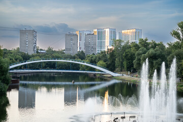 Moscow, Russia. 2022 is a modern pedestrian bridge across the river in the east of the city