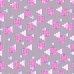Ornate trendy vector floral seamless pattern design of abstract flowers, stripes and triangle shapes. Repeat texture background for surface printing
